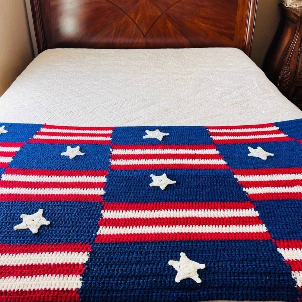 Handmade, Crocheted American Flag Blanket. 32”x72”